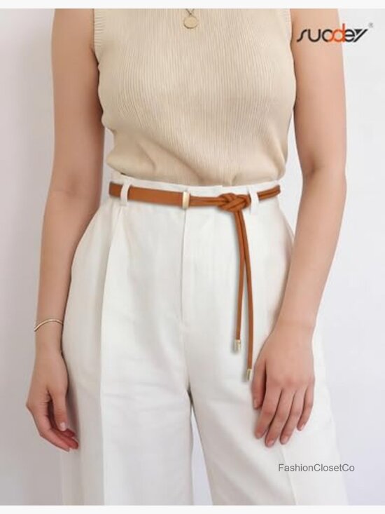 Women Faux Leather Knotted Thin Waist Belt for Dresses Jeans Pants